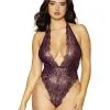 Body En Dentelle Violette Avec Bijou Doré 2 Body En Dentelle Violette Avec Bijou Doré -Lingerie Soldes bodystring violet avec chainettes dorees 1
