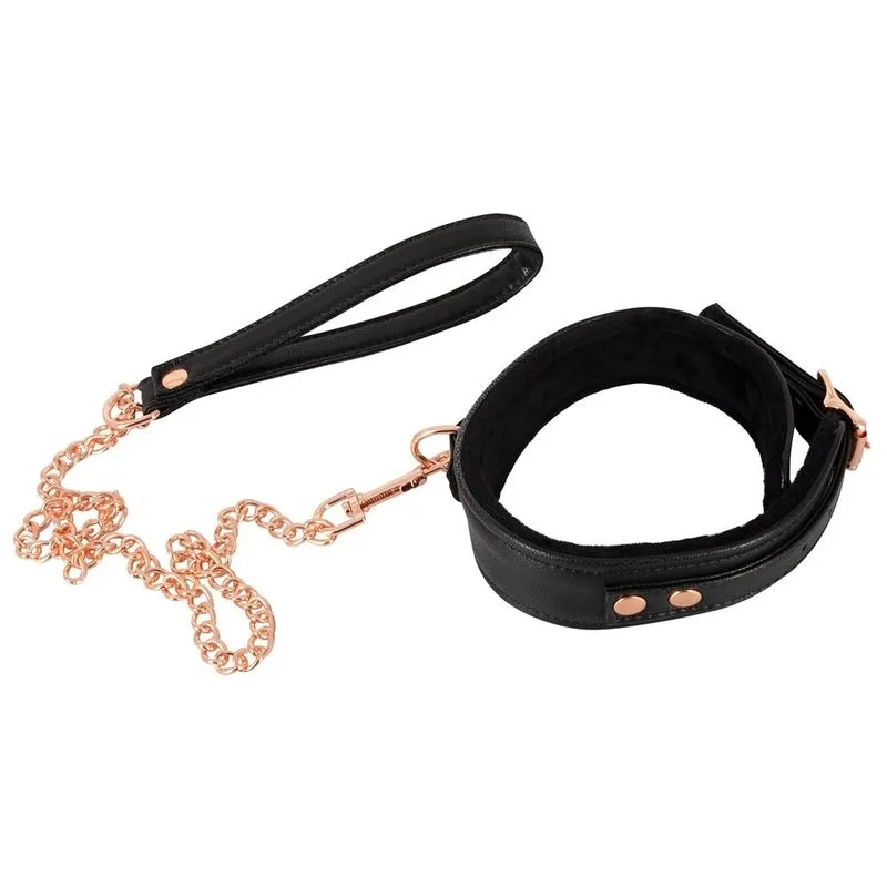 Choker Avec Laisse En Cuir Doublé Fourrure - Noir Et Or Rose 3 Choker Avec Laisse En Cuir Doublé Fourrure - Noir Et Or Rose