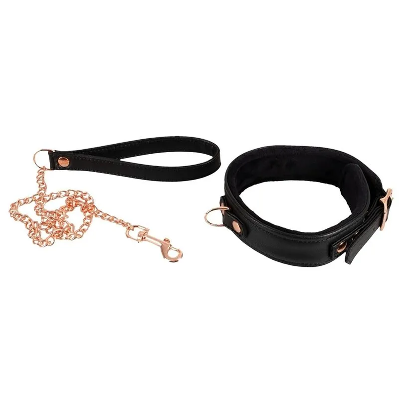 Choker Avec Laisse En Cuir Doublé Fourrure - Noir Et Or Rose 4 Choker Avec Laisse En Cuir Doublé Fourrure - Noir Et Or Rose – Image 2