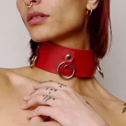 Choker En Cuir Rouge 3 Anneaux