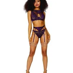 Ensemble De Lingerie En Dentelle Violette Avec Bijoux Dorés