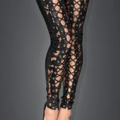 Noir Handmade Jambières En Wetlook Et Dentelle Avec Laçage -Lingerie Soldes jambieres wetlook dentelle 1