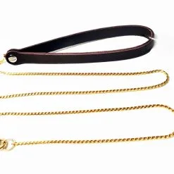 Dollhouse Laisse Chaîne Dorée Et Manche En Cuir Marron