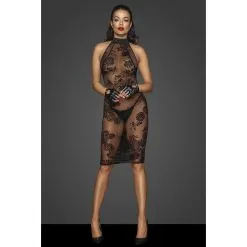 Noir Handmade Robe En Résille Transparent Motif Fleuri Et Dos En Lanières -Lingerie Soldes robe courte resille motif fleuri dos lace 2