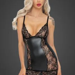 Noir Handmade Robe Courte En Dentelle Transparente Et Wetlook Mat