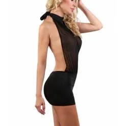 Robe Courte Dos Nu En Lycra Et Résille Transparente - Noire