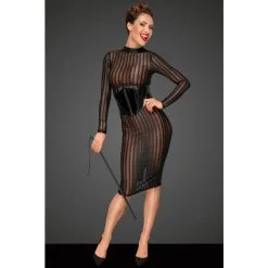 Noir Handmade Robe Longue En Résille Transparente à Rayures -Lingerie Soldes robe longue rayures manches longues 1