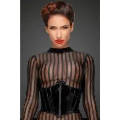 Noir Handmade Robe Longue En Résille Transparente à Rayures -Lingerie Soldes robe longue rayures manches longues 2