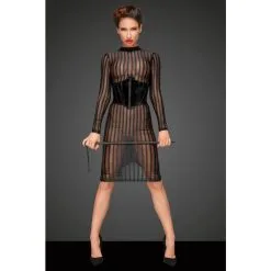 Noir Handmade Robe Longue En Résille Transparente à Rayures -Lingerie Soldes robe longue rayures manches longues 3