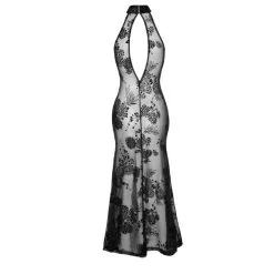 Noir Handmade Robe Longue Fendue En Résille Avec Motif Fleuri -Lingerie Soldes robe longue resille motif fleuri 2