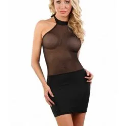 Robe Courte En Lycra Et Résille Transparente - Noire -Lingerie Soldes robe lycra resille noire 1