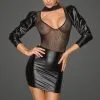 Noir Handmade Robe Courte En Wetlook Et Résille Avec Manches Bouffantes -Lingerie Soldes robe manches bouffantes wetlook resille 3