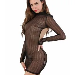 Robe Dos Nu à Manches Longues En Résille Transparente -Lingerie Soldes robe manches longues dos nu resille transparente 3