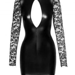 Noir Handmade Robe Courte En Wetlook Avec Manches En Dentelle -Lingerie Soldes robe wetlook manches dentelle 5